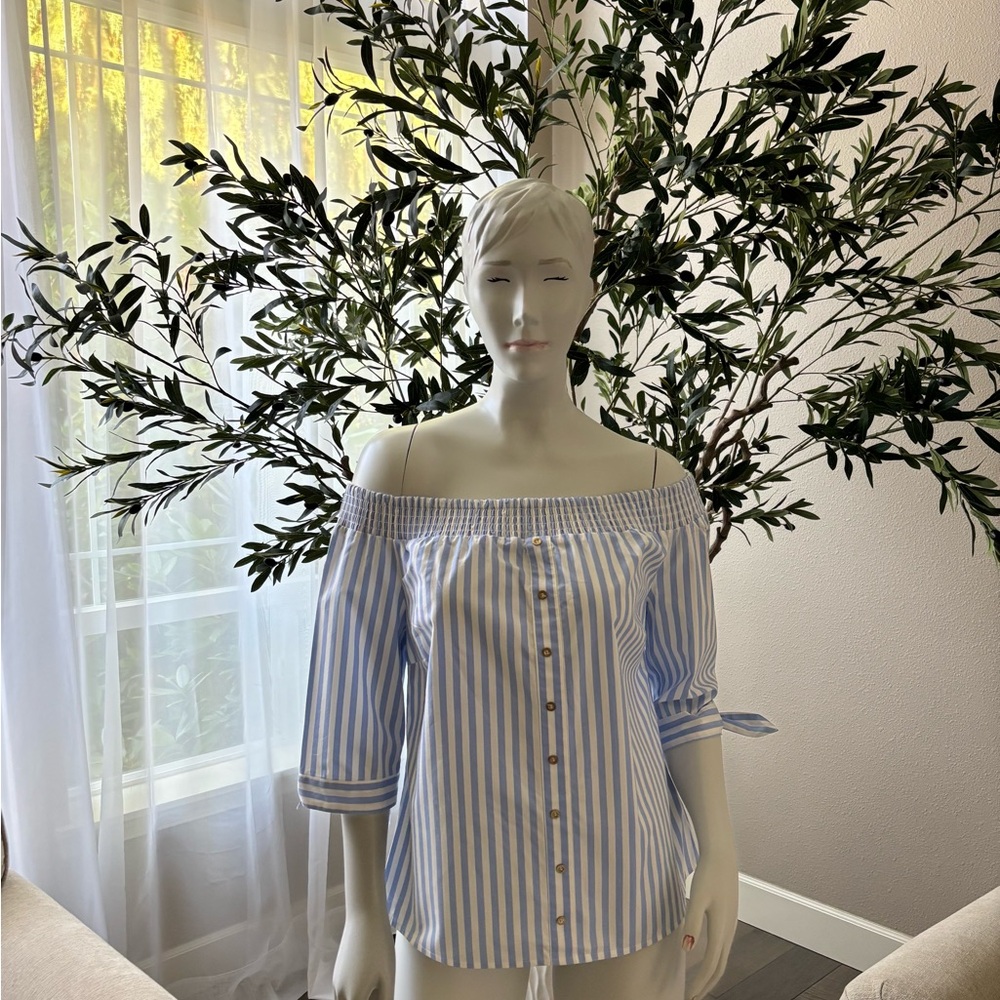 bebe Light Blue and White Striped Off-Shoulder Blouse 🩵